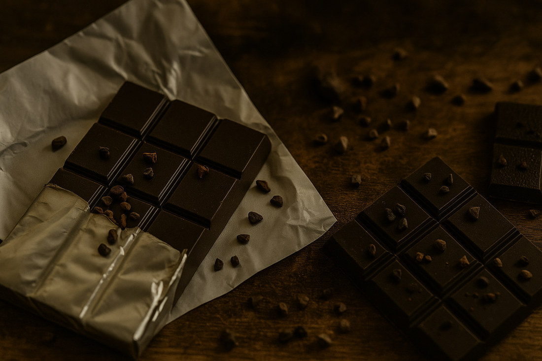 Dark chocolate tasting setup with assorted craft chocolate
