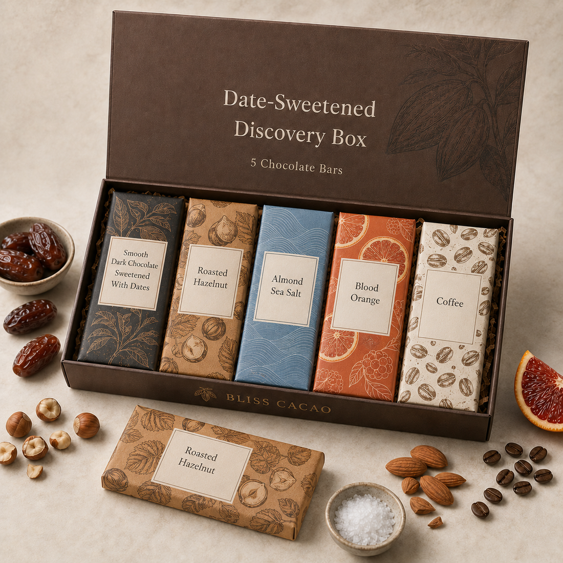 Date-sweetened chocolate tasting box with five assorted bars