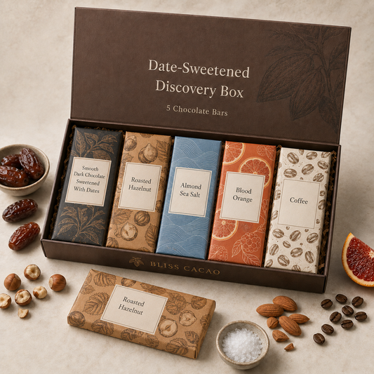 Date-sweetened chocolate tasting box with five assorted bars