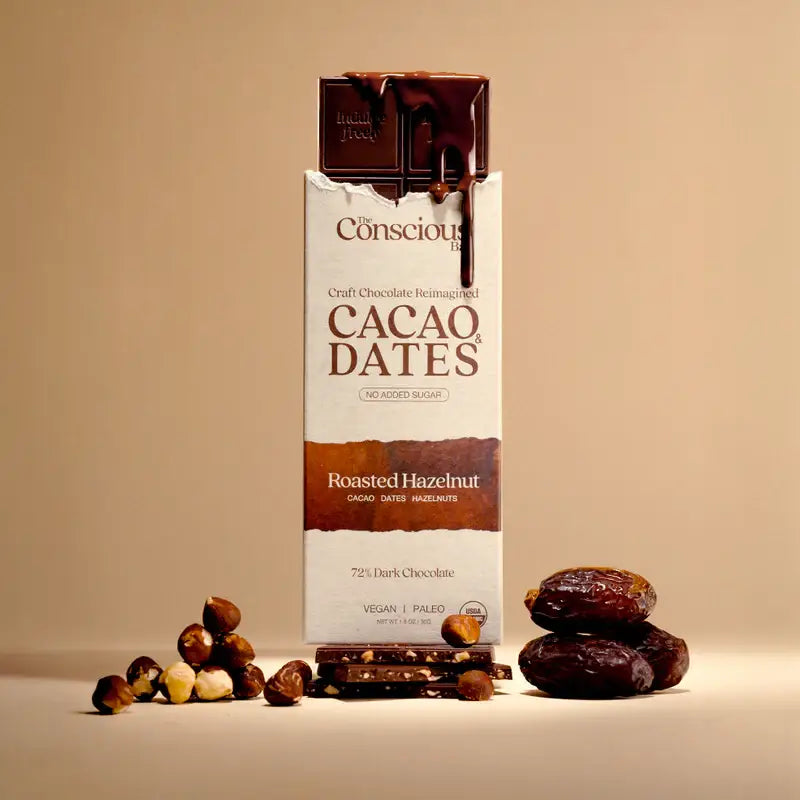 Roasted Hazelnut Date-Sweetened Dark Chocolate bar included in the Discovery Box
